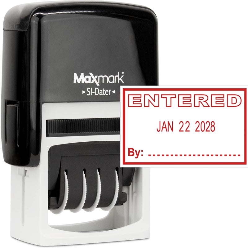 MaxMark Office Self Inking Date Stamp with Phrase Entered - Red Ink - Image 1